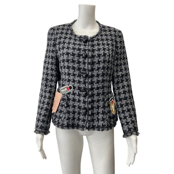 Moschino Cheap and Chic White Black Houndstooth Wool Tweed Patch Jacket sz 8